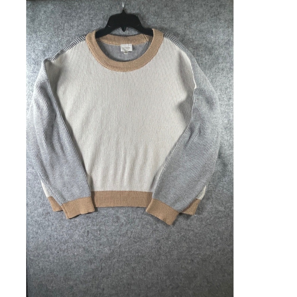Cyrus Colorblock Ribbed Knit Sweater XL Grey Cream Tan Crew Neck Pullover Womens